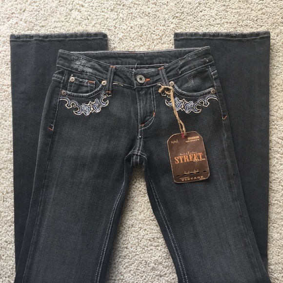 *Flared* Vintage Boho NWT Street Denim Embroidered Faded Black/Grey Wash - Picture 3 of 7